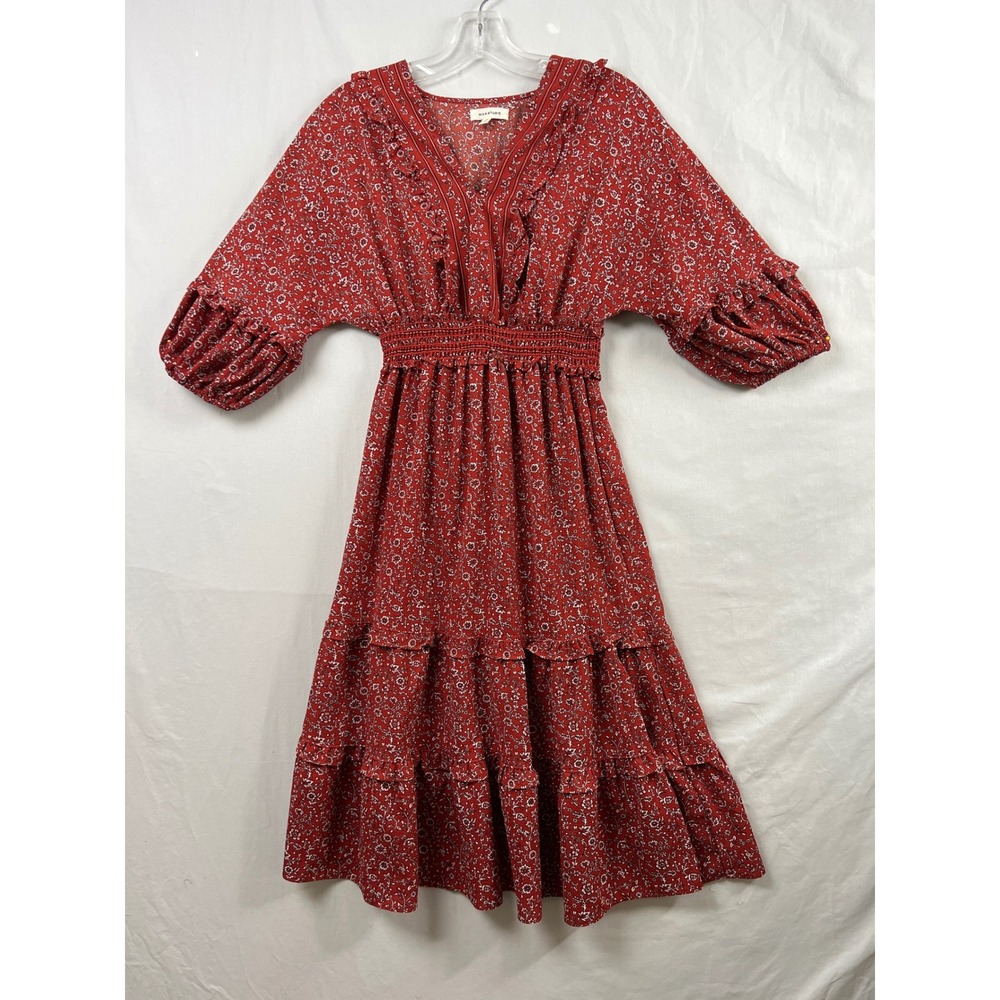 Max Studio Midi Dress Womens XS Red Floral Smocked Puff Sleeve Ruffle Prairie